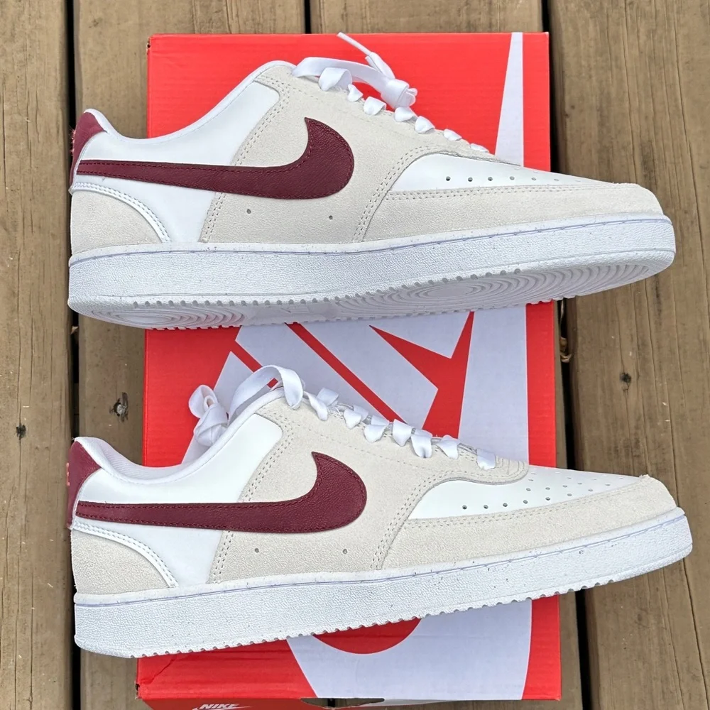 Nike Court Vision Low Womens 10 Mens 8.5 Creme Burgundy Casual Sneaker NEW